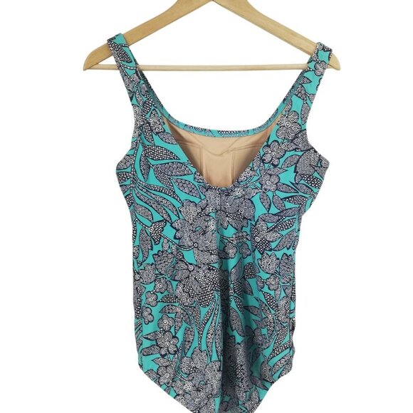 Lands End One Piece Floral Geometric Slimming Tank Swimsuit Size 14 Stretch Blue - Picture 5 of 9
